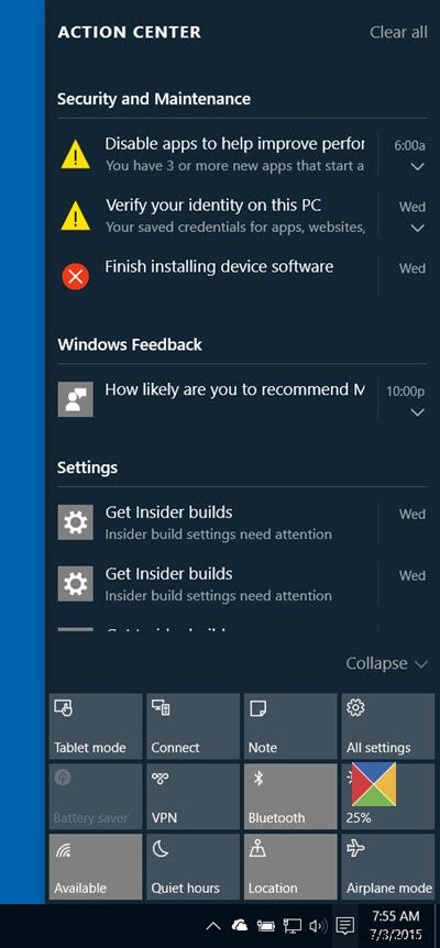 Trung tâm thông báo và hành động trong Windows 10 