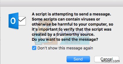 Khắc phục:Outlook 2016 Mac “Tập lệnh đang cố gửi tin nhắn” 