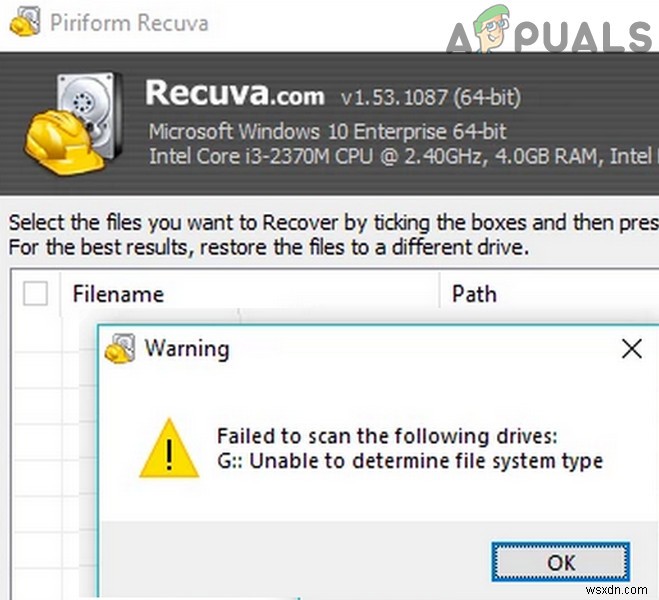 Giải quyết Recuva Không thể xác định Loại Hệ thống Tệp (Lỗi) 