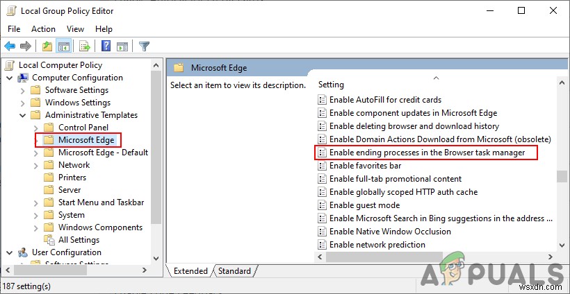 Làm cách nào để tắt  Kết thúc quá trình  trong Trình quản lý tác vụ của trình duyệt trên Microsoft Edge? 