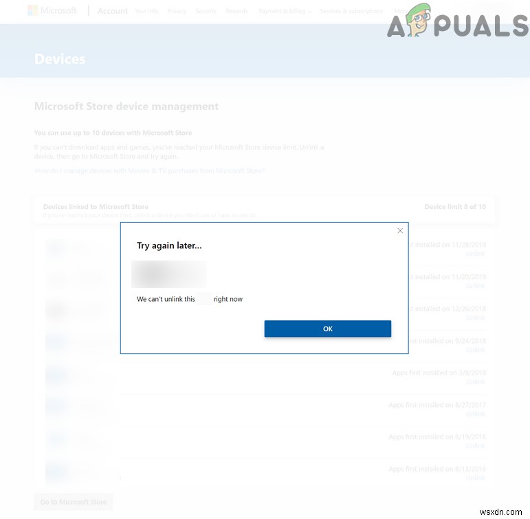 Khắc phục:Thiết bị tài khoản Microsoft Store không hủy liên kết 