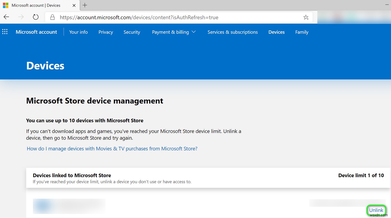 Khắc phục:Thiết bị tài khoản Microsoft Store không hủy liên kết 