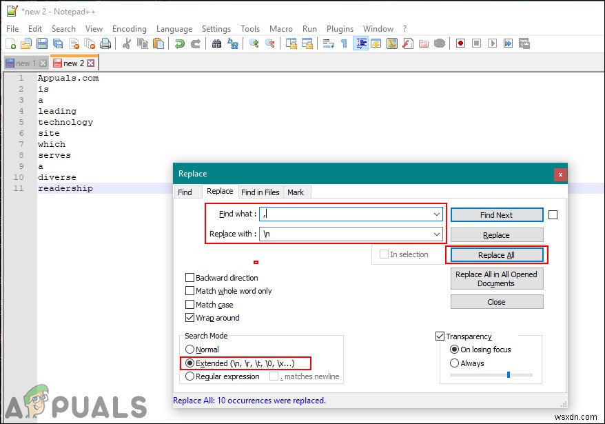 Tìm và thay thế chuỗi / ký tự / ký hiệu bằng một dòng mới trong Notepad ++ 