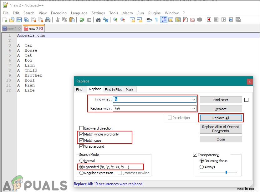 Tìm và thay thế chuỗi / ký tự / ký hiệu bằng một dòng mới trong Notepad ++ 