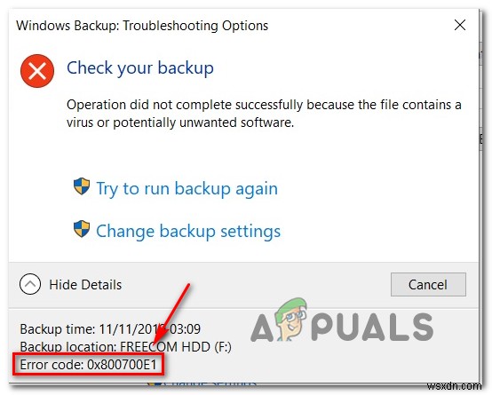 Sao lưu Windows không thành công với mã lỗi 0x800700E1 