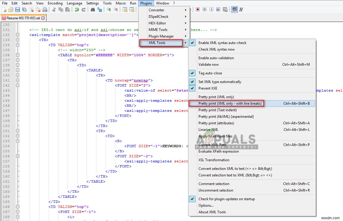 Cách định dạng / thụt lề tệp XML trong Notepad ++ 