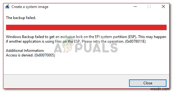 Khắc phục:Sao lưu Windows không thành công để có được khóa độc quyền trên ESP 