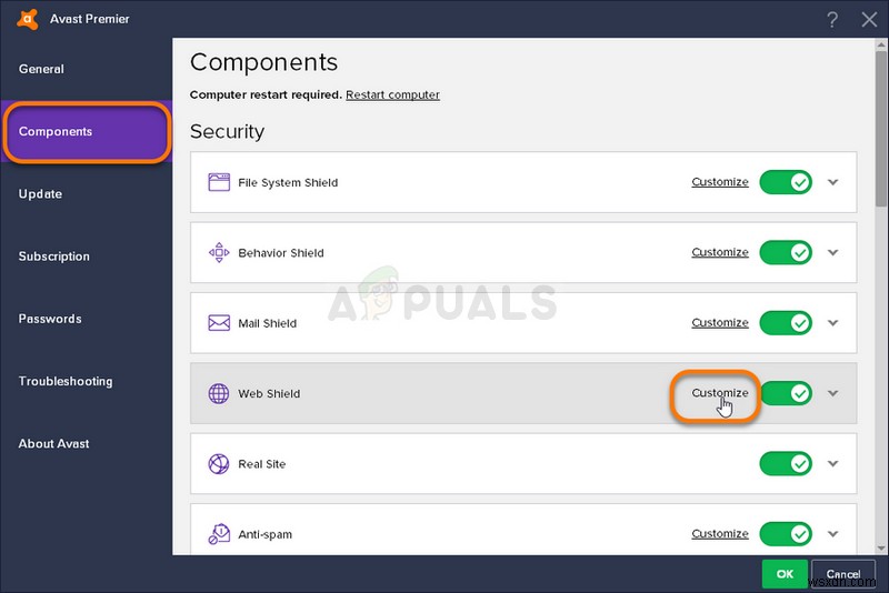 Khắc phục:Avast Web Shield sẽ không bật 