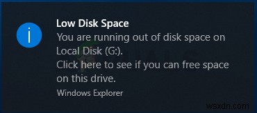 Khắc phục:Thông báo dung lượng đĩa thấp trên Windows 10 