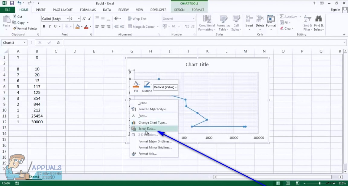 Cách chuyển trục trên biểu đồ phân tán trong Excel 