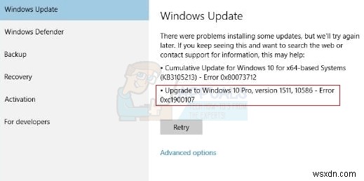 Khắc phục:Mã lỗi cập nhật Windows 10 Anniversary 0xc1900107 