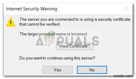 Khắc phục:Máy chủ bạn được kết nối đang sử dụng chứng chỉ bảo mật không thể xác minh 