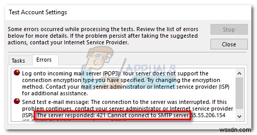 Khắc phục:421 không thể kết nối với Máy chủ SMTP 