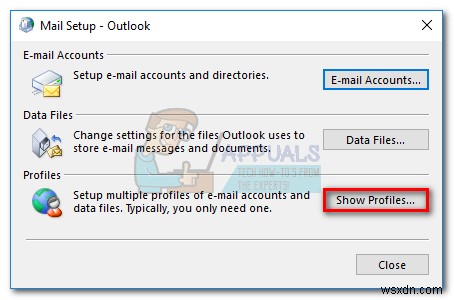 Khắc phục:Outlook bị kẹt khi tải hồ sơ ‘2010, 2013 và 2016’ 