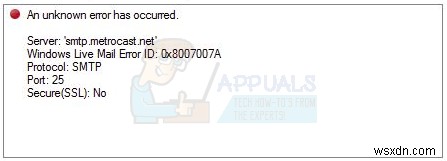 Khắc phục:Lỗi Windows Live Mail 0x8007007A khi gửi email 
