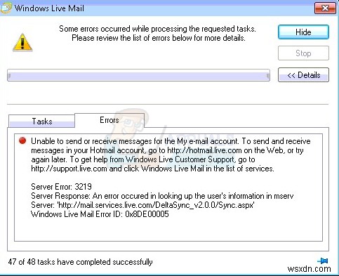 Cách sửa lỗi máy chủ Windows Live Mail 3219 (0x8DE00005) 