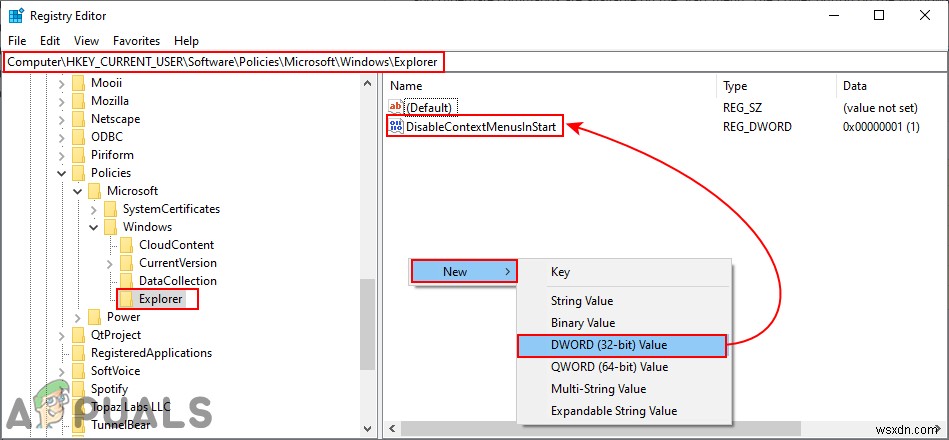 Tắt menu ngữ cảnh trong Windows 10 File Explorer, Start Menu &Taskbar 