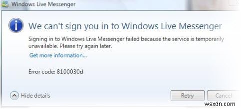 8100030d Lỗi Windows Live Messenger - Sửa