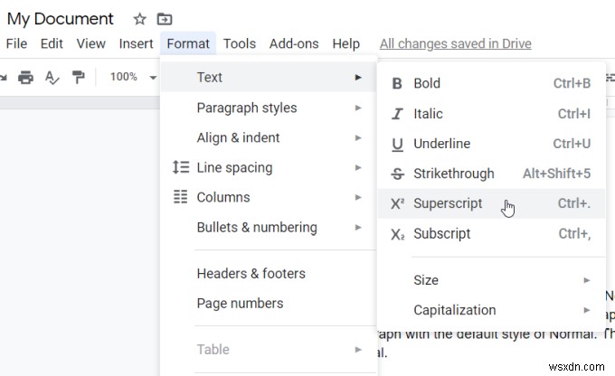 Cách thực hiện Subscript &Superscript trong Google Documents