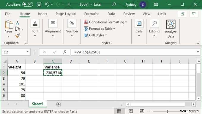 Cách tính phương sai trong Excel