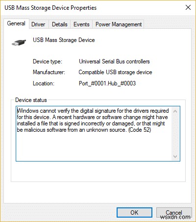 Khắc phục mã lỗi USB 52 Windows không thể xác minh chữ ký số 