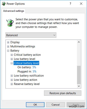 Thay đổi mức pin quan trọng trên Windows 10 