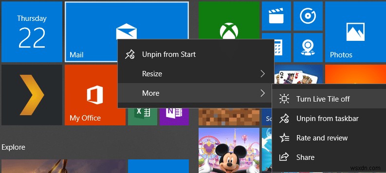 Cách tắt Live Tiles trong Menu Start của Windows 10 