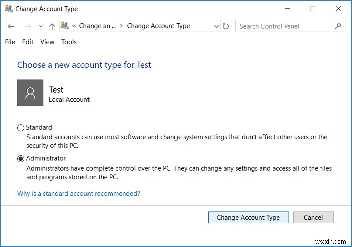 Cách thay đổi loại tài khoản người dùng trong Windows 10