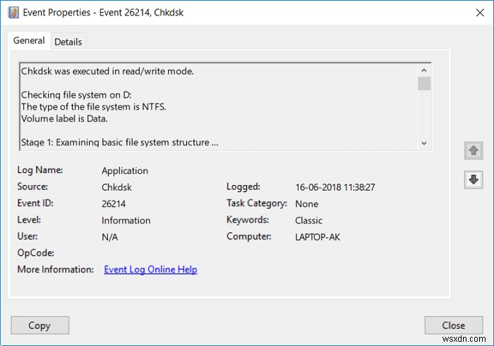 Đọc nhật ký trình xem sự kiện cho Chkdsk trong Windows 10 