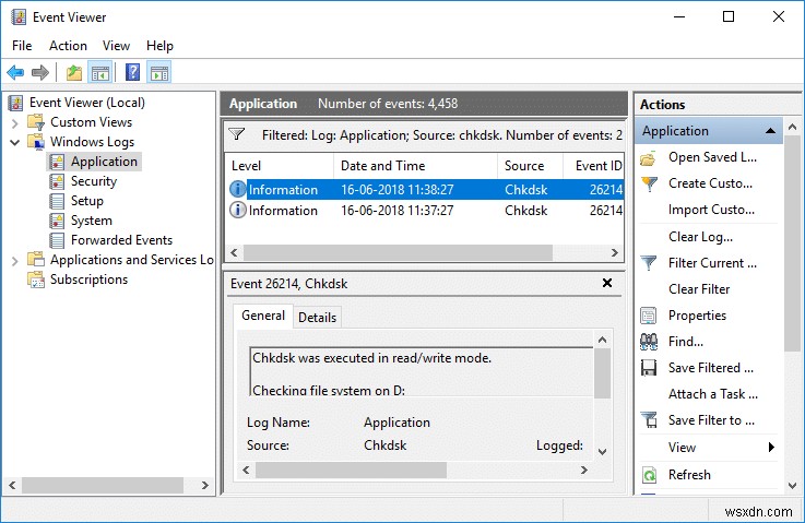 Đọc nhật ký trình xem sự kiện cho Chkdsk trong Windows 10 