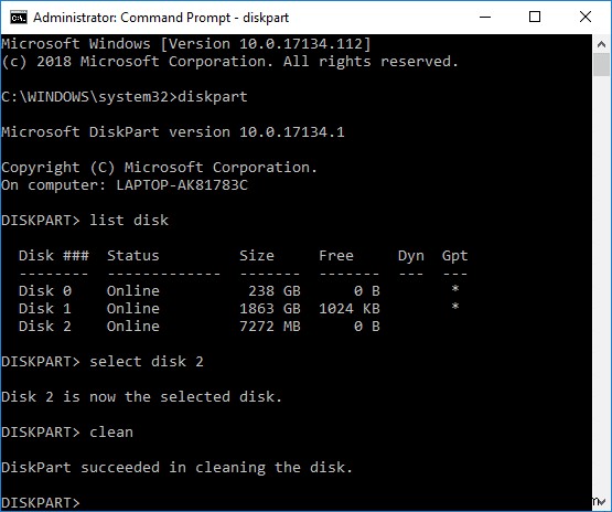 Làm sạch đĩa bằng Diskpart Clean Command trong Windows 10 