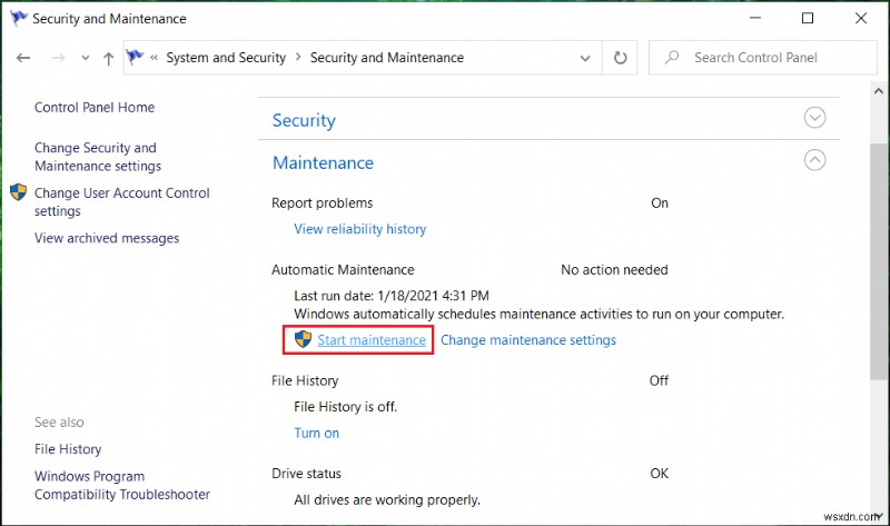 Bắt đầu bảo trì tự động theo cách thủ công trong Windows 10 