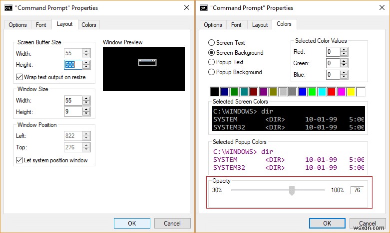 Thay đổi kích thước bộ đệm màn hình Command Prompt và mức độ trong suốt 