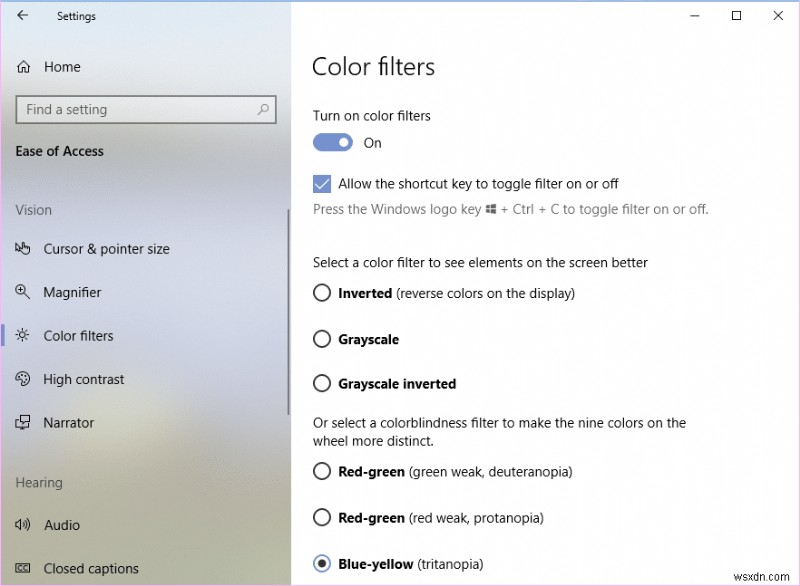 Bật hoặc tắt Bộ lọc màu trong Windows 10 