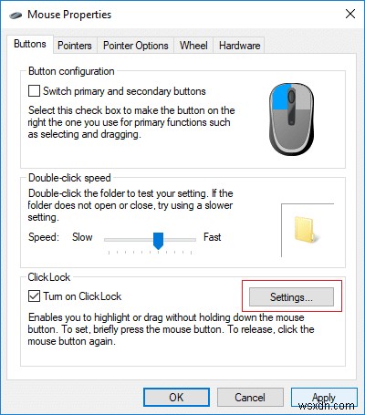 Bật hoặc tắt ClickLock chuột trong Windows 10 