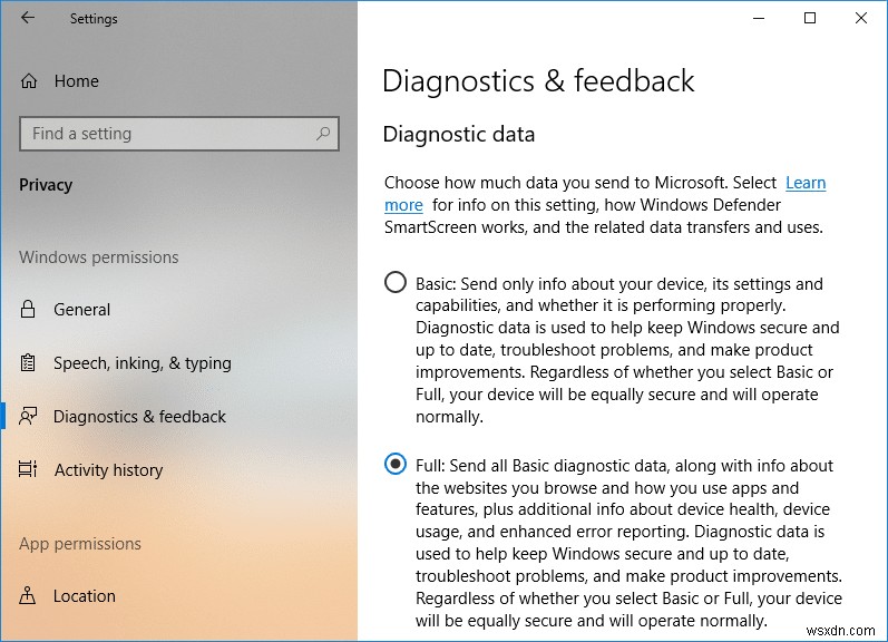 Thay đổi cài đặt dữ liệu sử dụng và chẩn đoán trong Windows 10 