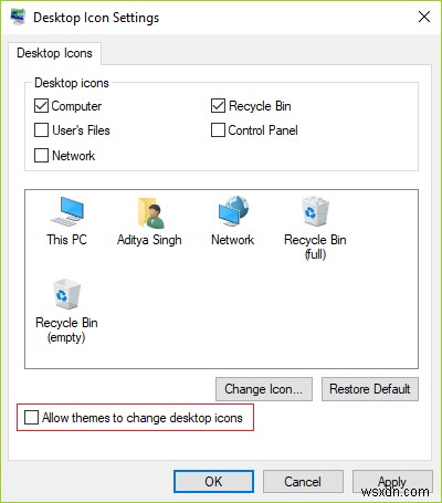 Cho phép hoặc ngăn chủ đề Windows 10 thay đổi biểu tượng màn hình