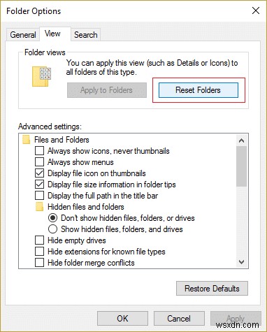 Đặt lại Cài đặt Chế độ xem Thư mục thành Mặc định trong Windows 10 