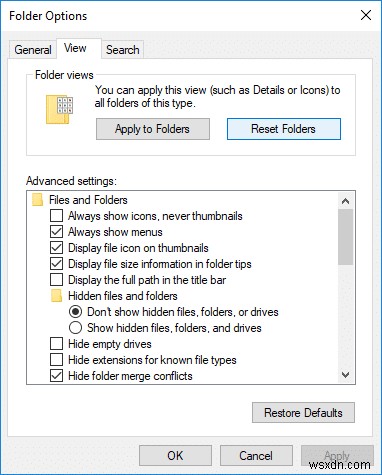 Đặt lại Cài đặt Chế độ xem Thư mục thành Mặc định trong Windows 10 