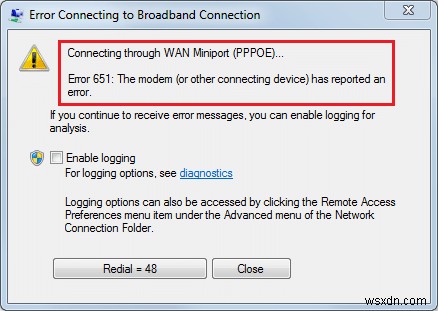 Khắc phục lỗi 651:Modem (hoặc thiết bị kết nối khác) đã báo lỗi 