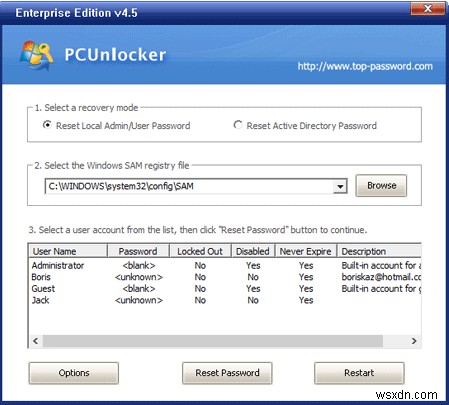 Khôi phục mật khẩu bị quên của Windows 10 với PCUnlocker 