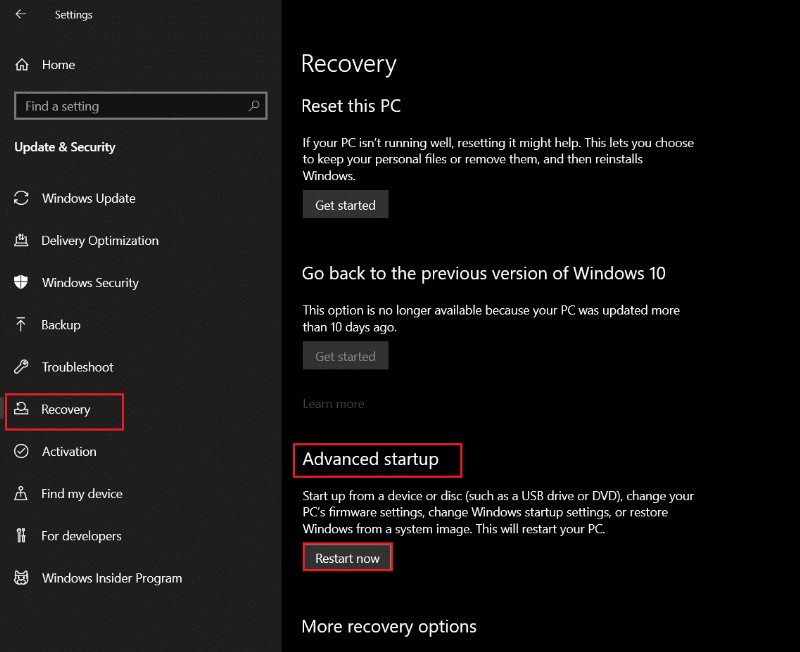 Cách khởi động Windows 10 vào Chế độ khôi phục 
