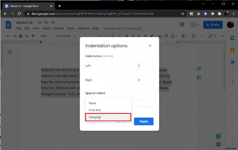 Cách tạo Thụt lề treo trong Word và Google Documents