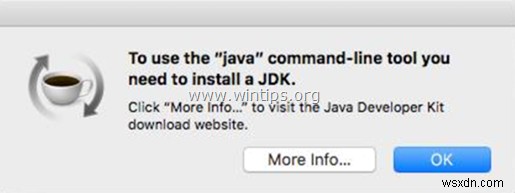 Khắc phục:Để sử dụng công cụ dòng lệnh java, bạn cần cài đặt JDK (MAC OS X)
