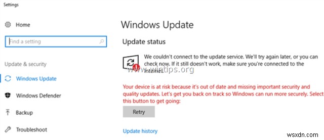 Khắc phục:Windows 10 Thiết bị của bạn đang gặp rủi ro - Không thể cập nhật Windows (Đã giải quyết).