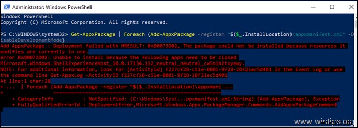 Khắc phục:Triển khai máy chủ Windows Shell Experience không thành công với HRESULT 0x80073D02 (Solved)