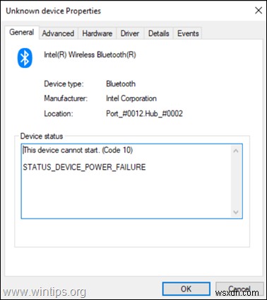 Khắc phục:Intel Wireless Bluetooth không thể khởi động Mã 10 - TÌNH TRẠNG NGUỒN ĐIỆN THIẾT BỊ.