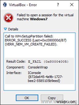 Khắc phục lỗi VirtualBox:Cuộc gọi đến WHvSetupPartition không thành công:ERROR_SUCCESS (Đã giải quyết)