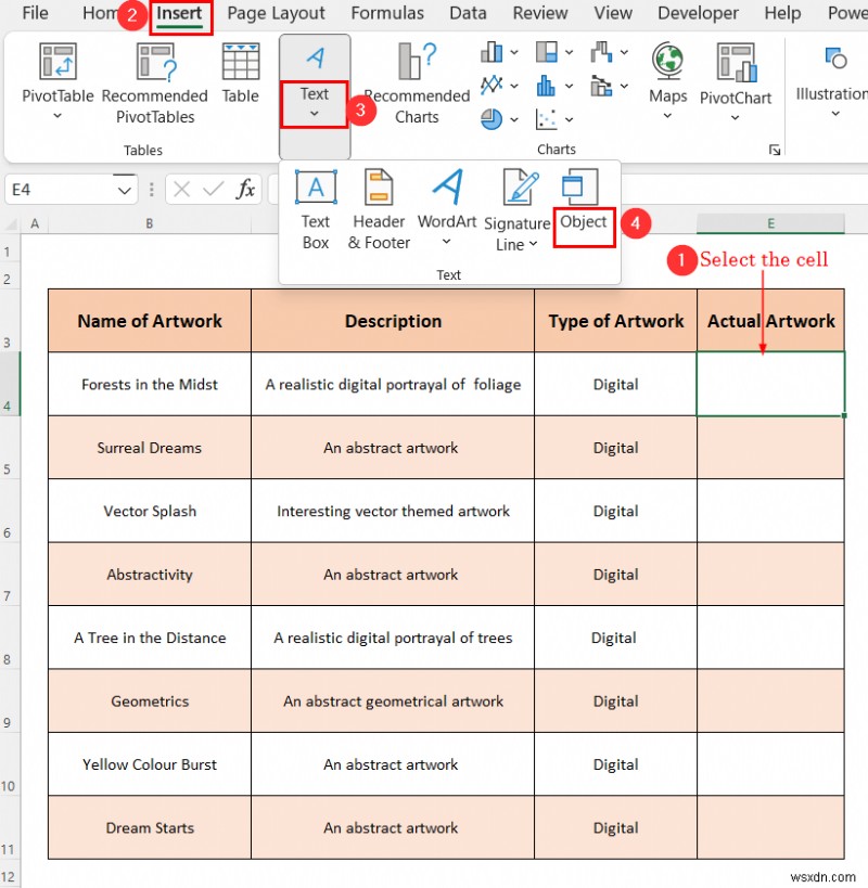 Cách sử dụng đối tượng Excel để tạo danh mục nghệ thuật