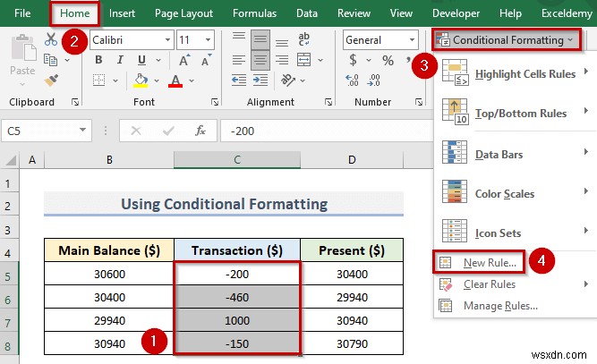 Cách tạo số âm thành màu đỏ trong Excel (4 cách dễ dàng)